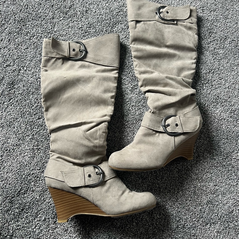 CL by Laundry Taupe Suede-Look Wedge Boots